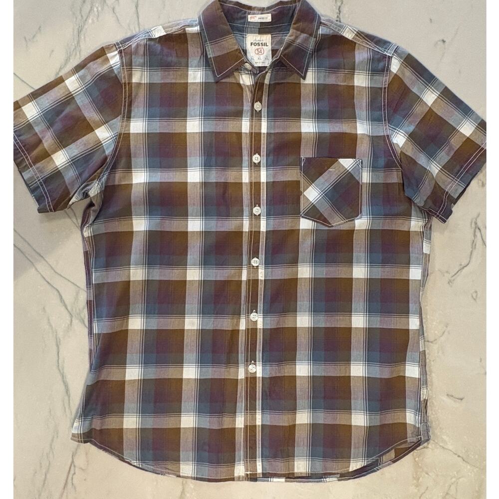 Mens Fossil Short Sleeve Button Down Plaid 100% Cotton Shirt Size XL
